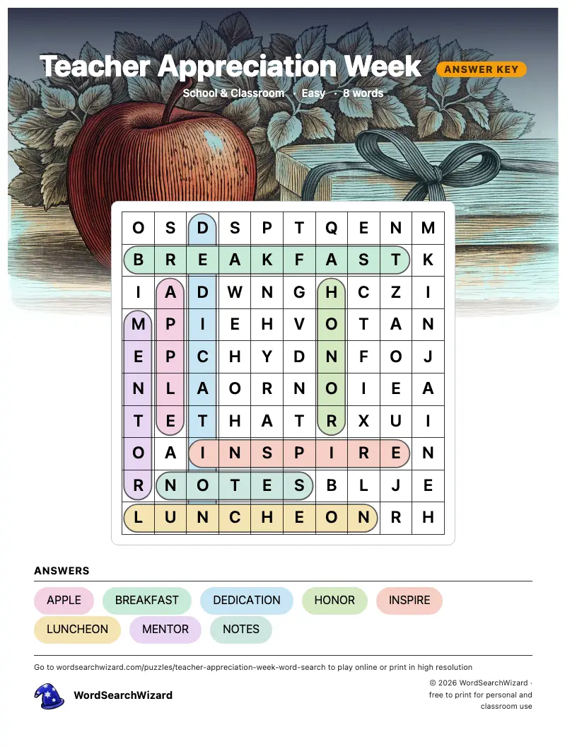 Teacher Appreciation Week word search answer key, all 8 words marked