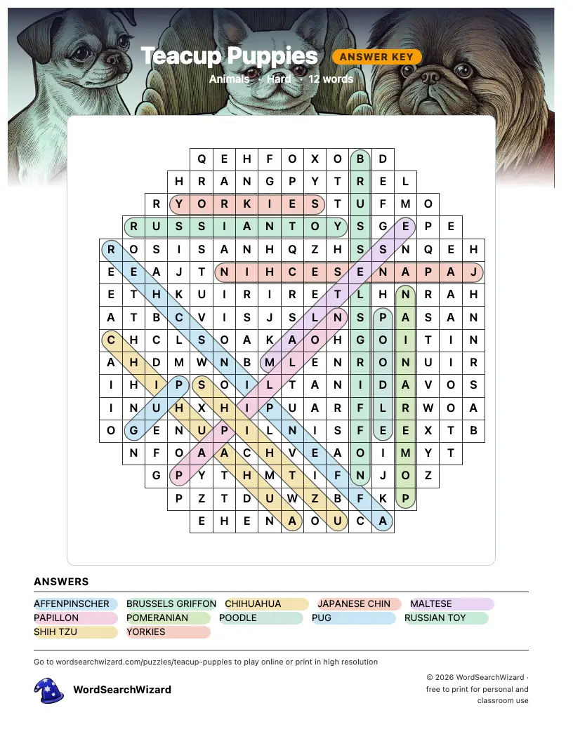 Teacup Puppies word search answer key, all 12 words marked
