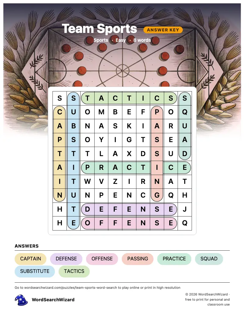 Team Sports word search answer key, all 8 words marked