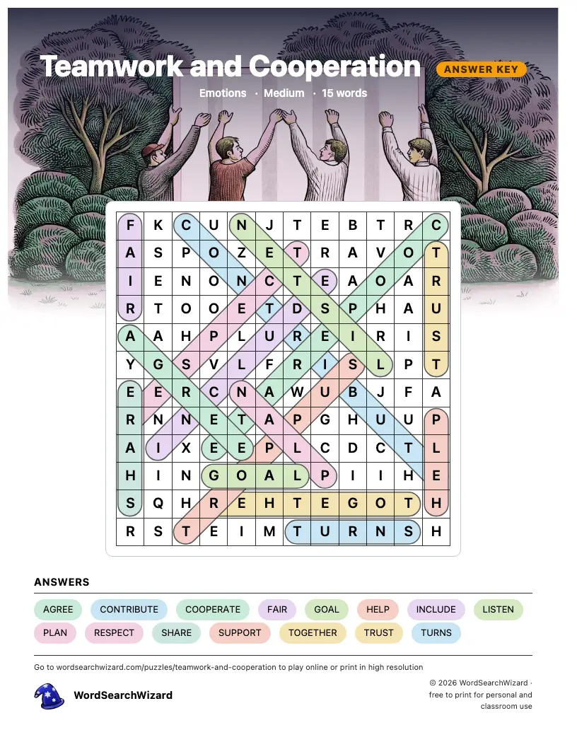 Teamwork and Cooperation word search answer key, all 15 words marked
