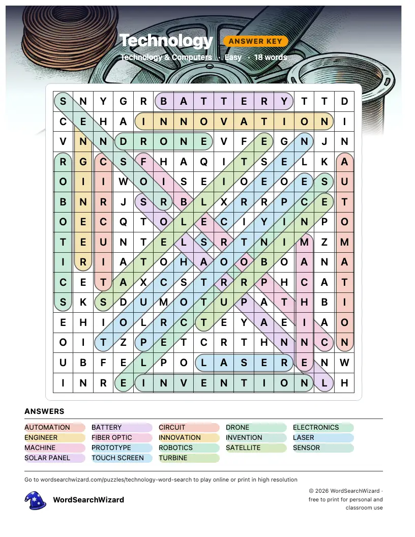 Technology word search answer key, all 18 words marked