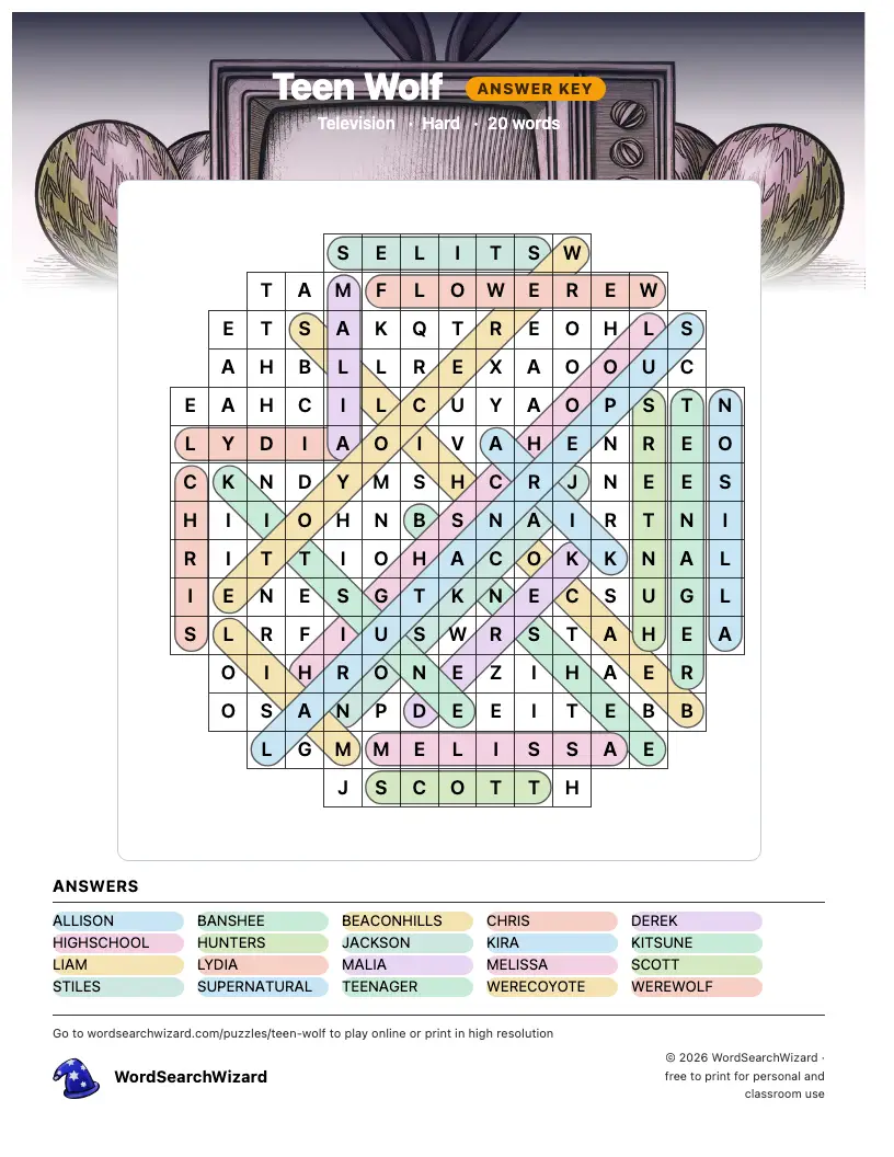 Teen Wolf word search answer key, all 20 words marked