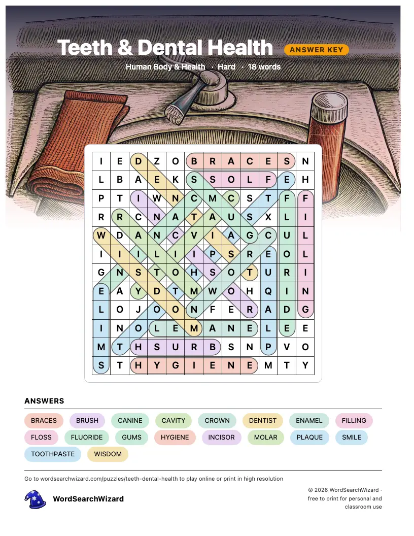 Teeth & Dental Health word search answer key, all 18 words marked