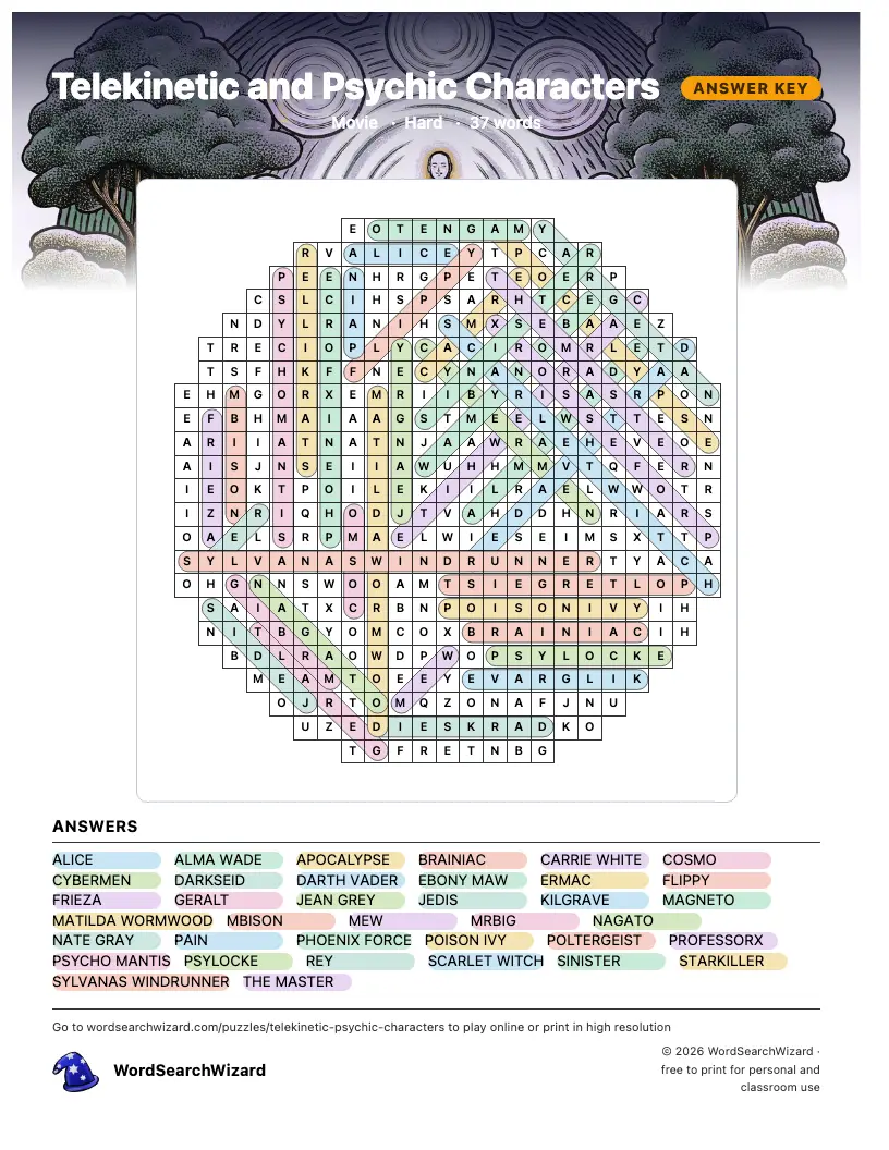 Telekinetic and Psychic Characters word search answer key, all 37 words marked
