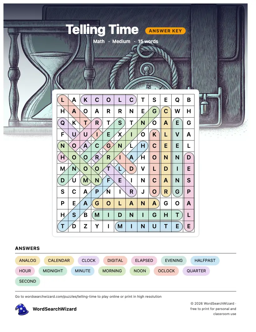 Telling Time word search answer key, all 15 words marked