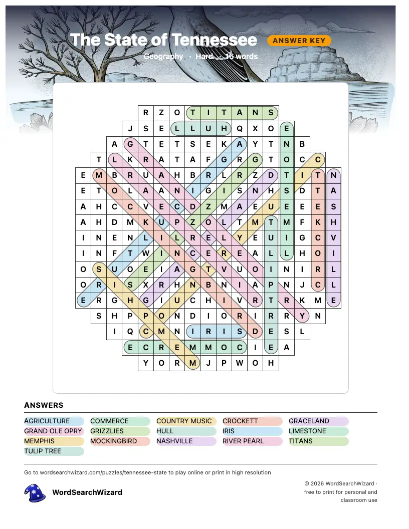 The State of Tennessee word search answer key, all 16 words marked