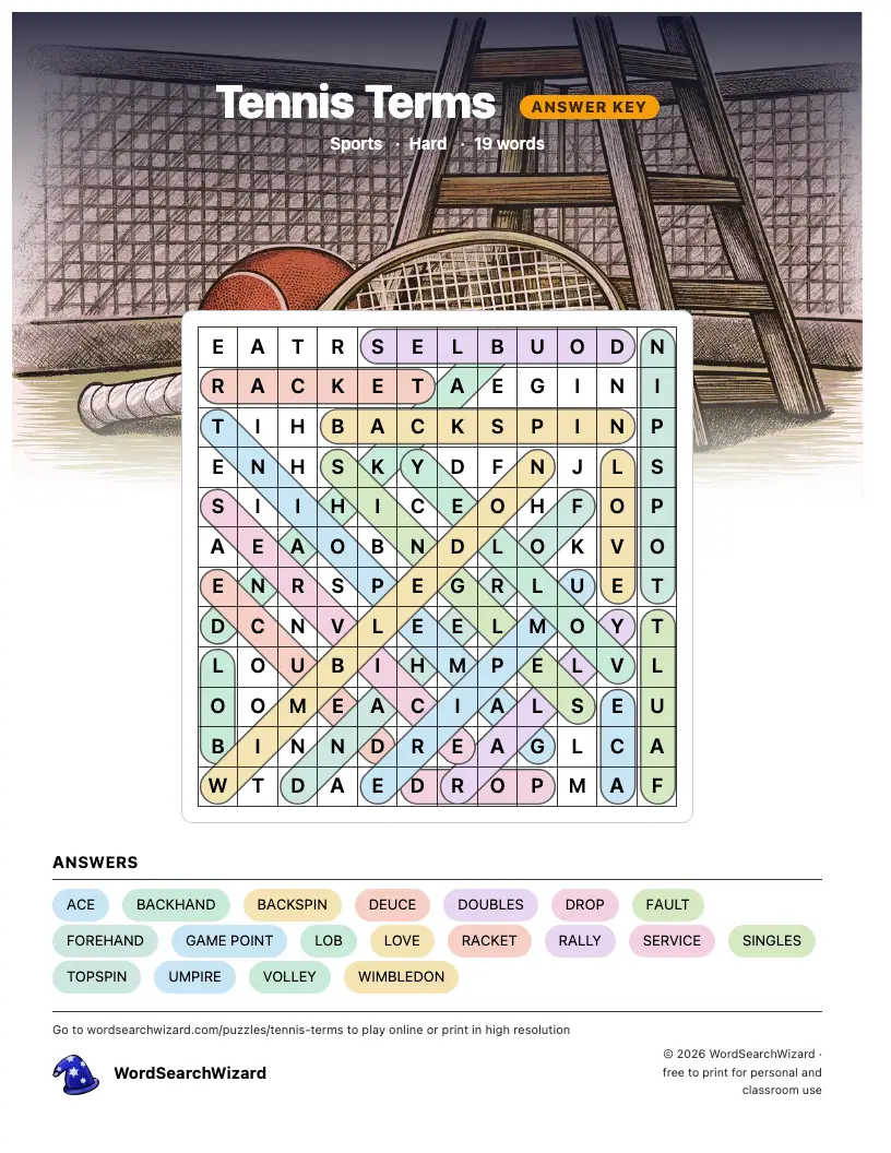 Tennis Terms word search answer key, all 19 words marked