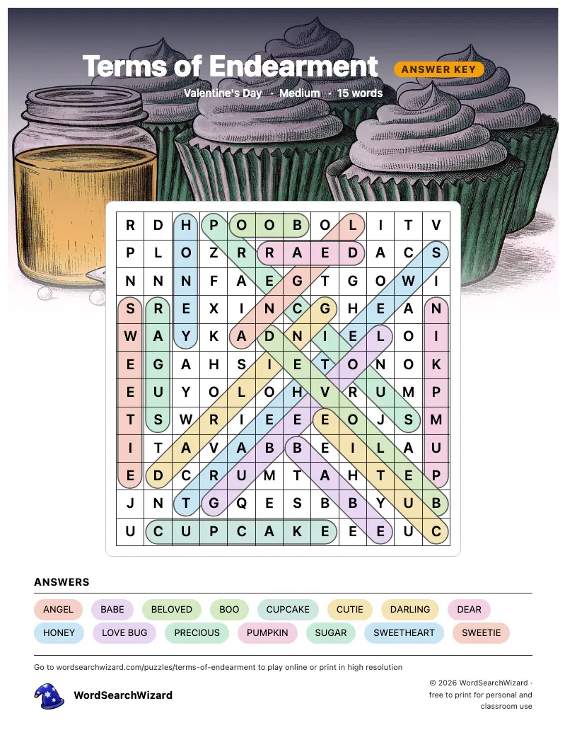 Terms of Endearment word search answer key, all 15 words marked