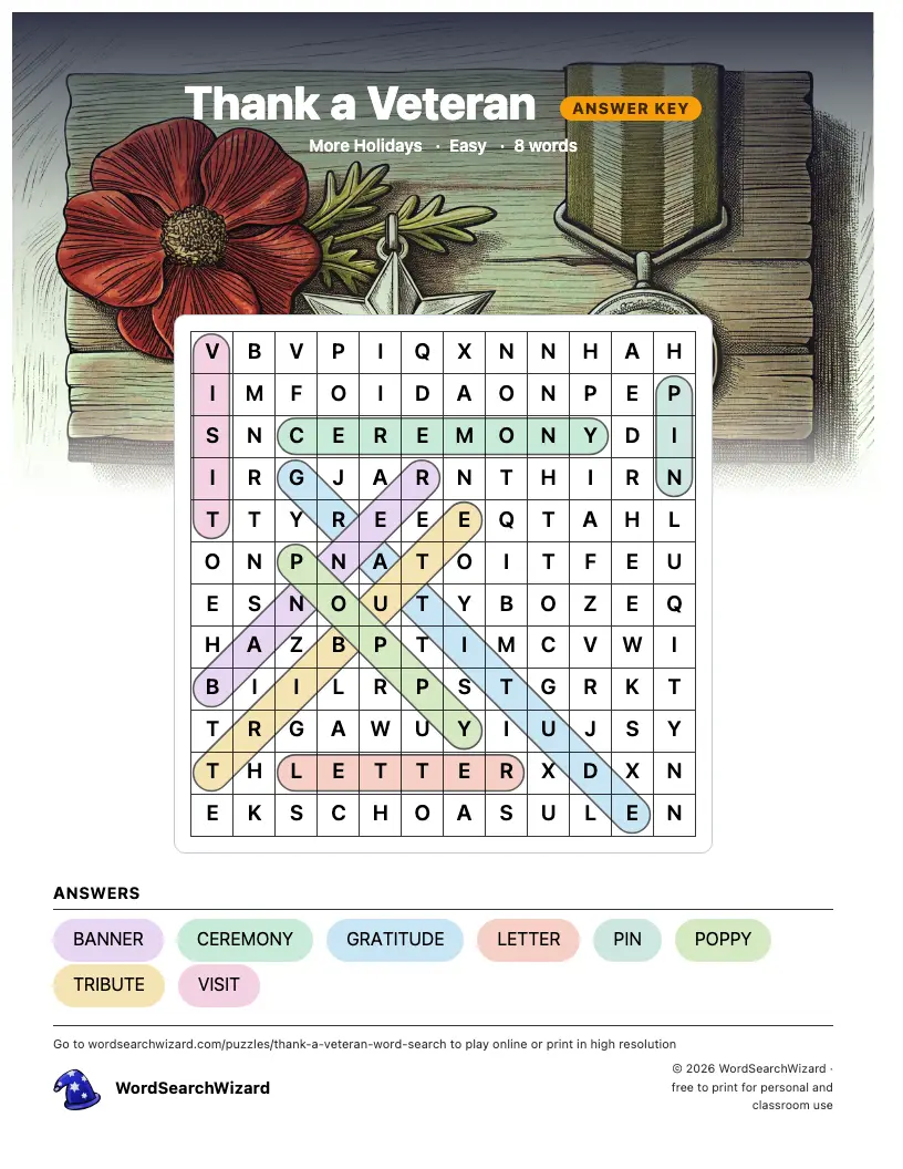 Thank a Veteran word search answer key, all 8 words marked