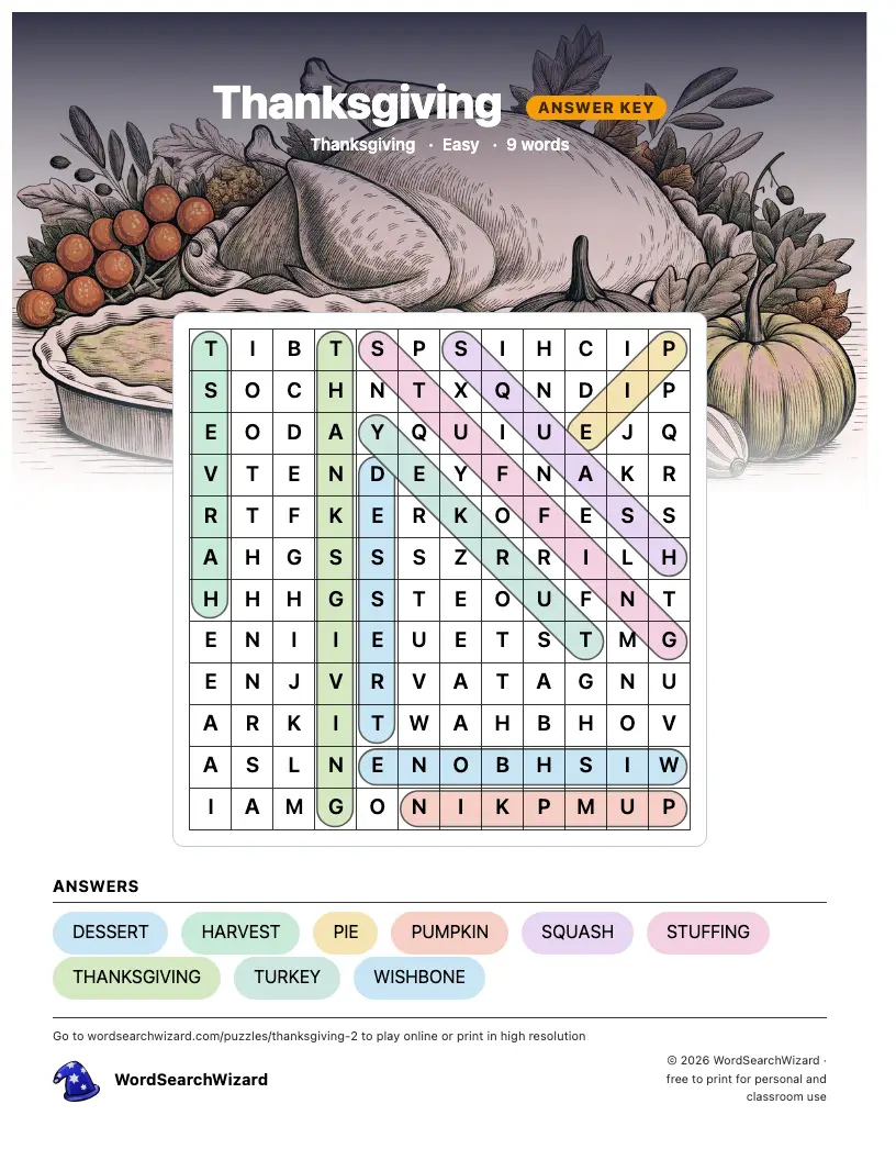 Thanksgiving word search answer key, all 9 words marked