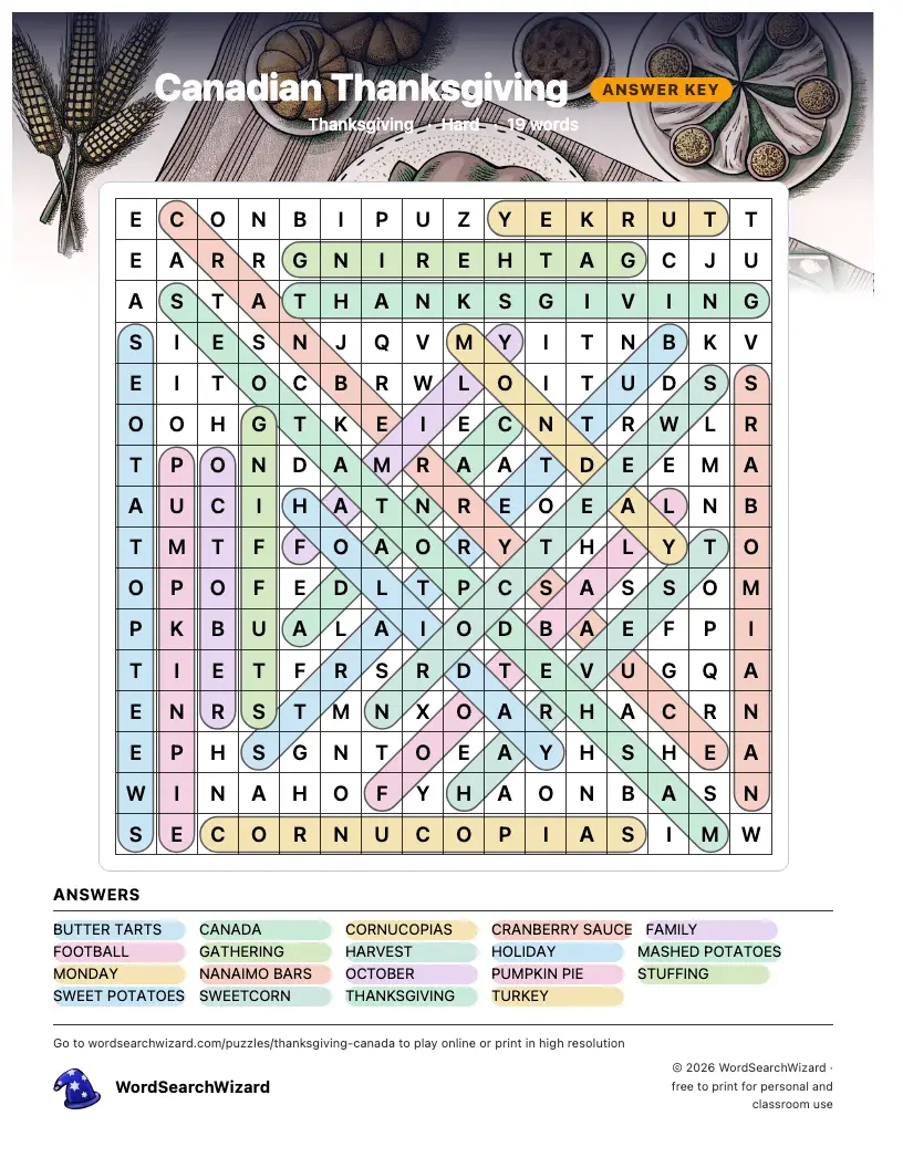 Canadian Thanksgiving word search answer key, all 19 words marked