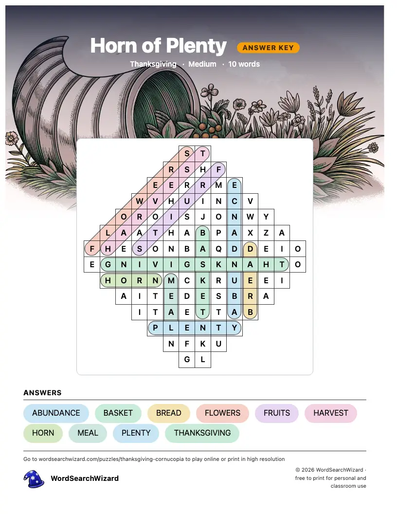 Horn of Plenty word search answer key, all 10 words marked