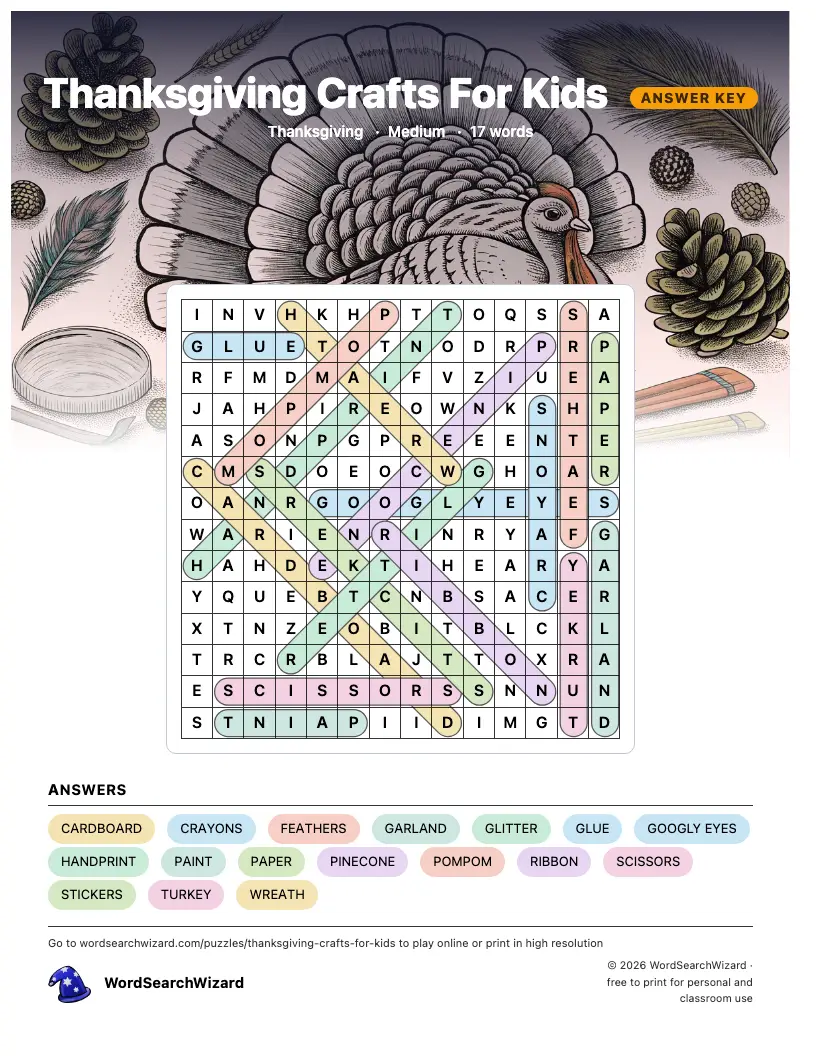 Thanksgiving Crafts For Kids word search answer key, all 17 words marked