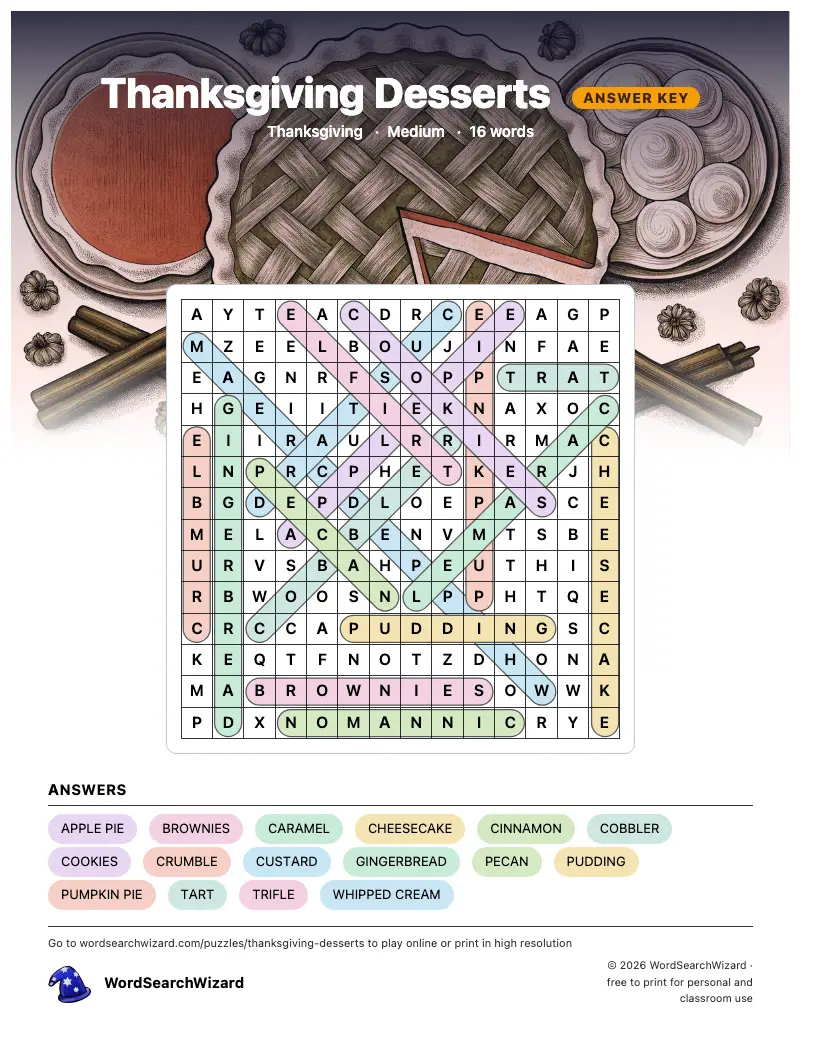 Thanksgiving Desserts word search answer key, all 16 words marked