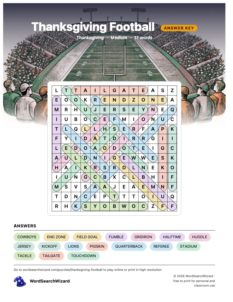 Thanksgiving Football word search answer key, all 17 words marked