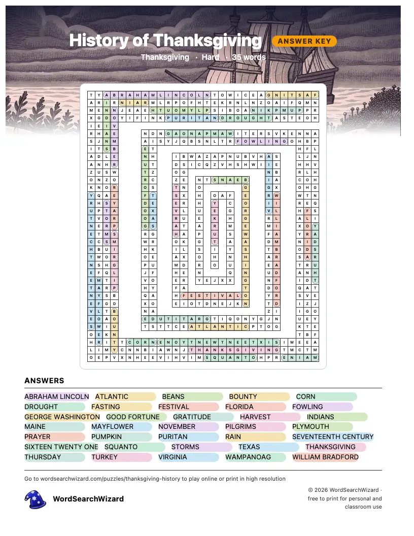 History of Thanksgiving word search answer key, all 35 words marked