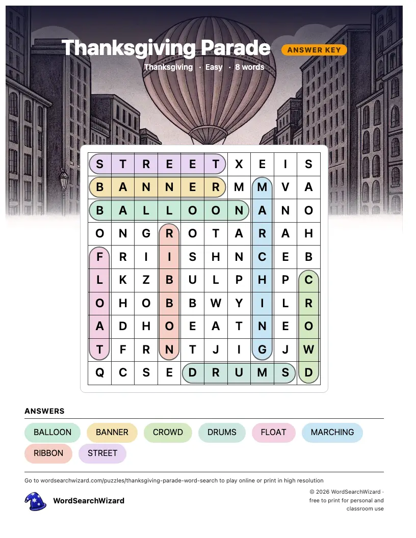 Thanksgiving Parade word search answer key, all 8 words marked