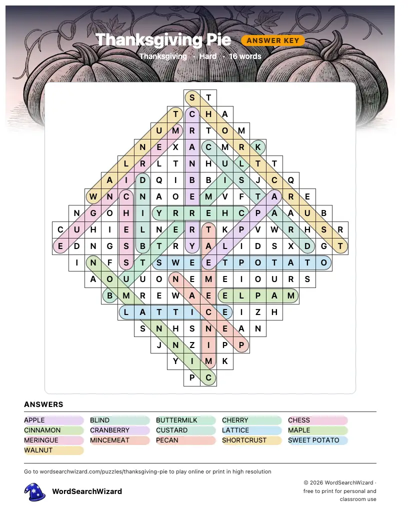 Thanksgiving Pie word search answer key, all 16 words marked