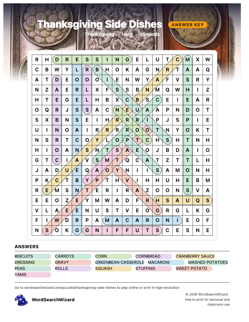 Thanksgiving Side Dishes word search answer key, all 16 words marked