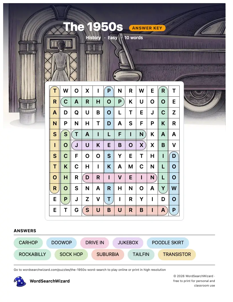 The 1950s word search answer key, all 10 words marked