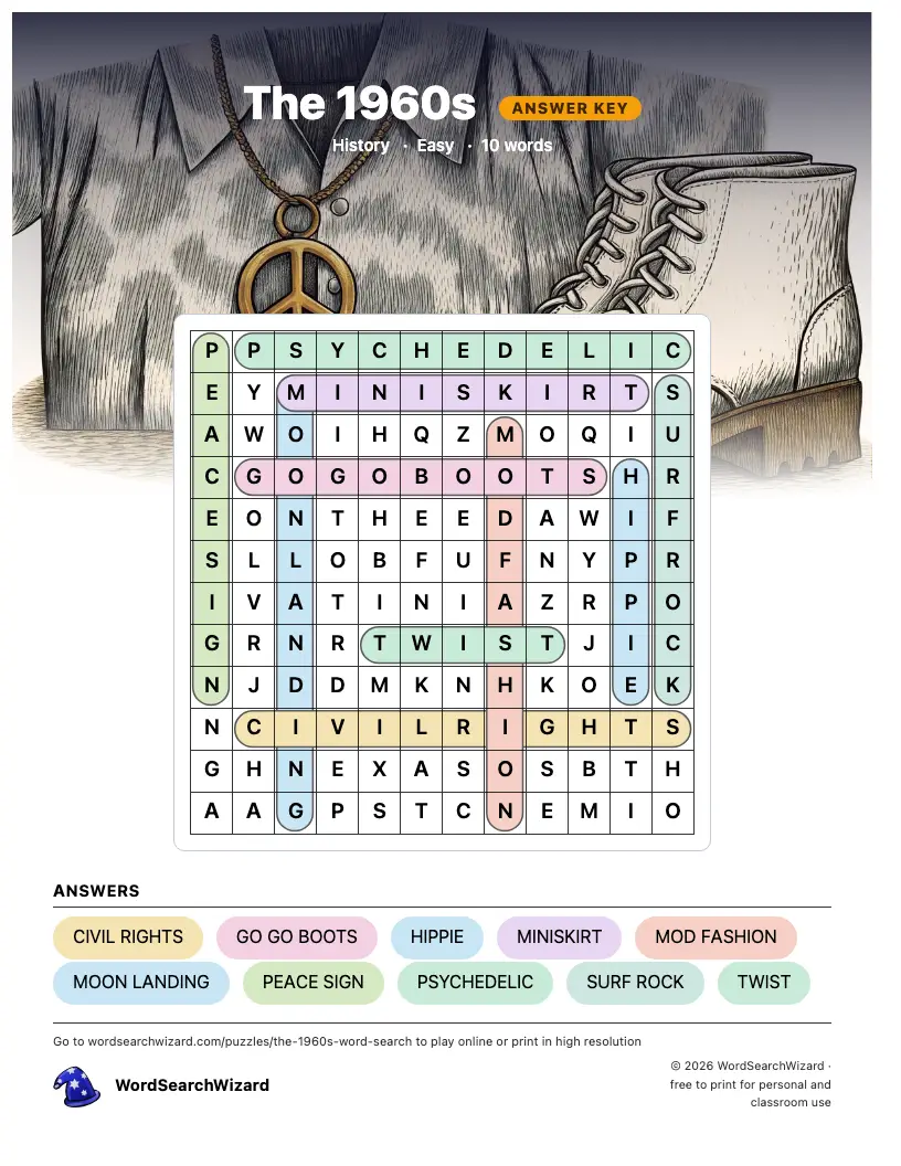 The 1960s word search answer key, all 10 words marked