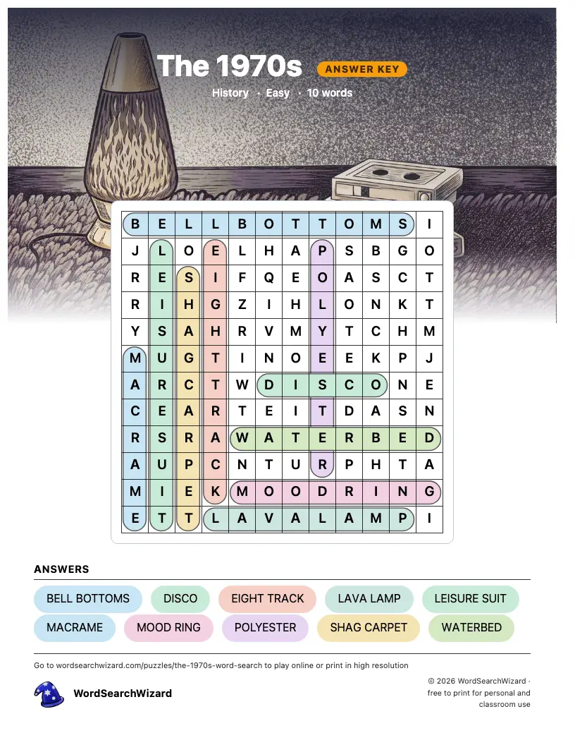The 1970s word search answer key, all 10 words marked