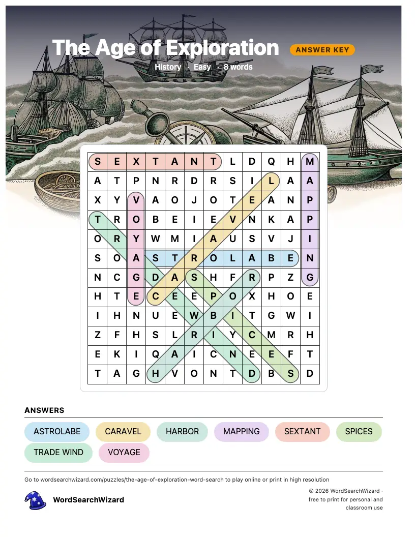 The Age of Exploration word search answer key, all 8 words marked