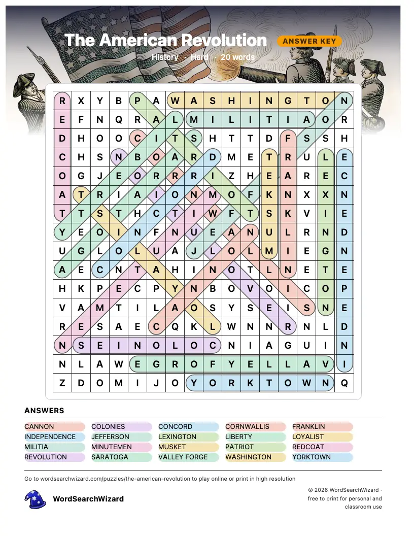 The American Revolution word search answer key, all 20 words marked