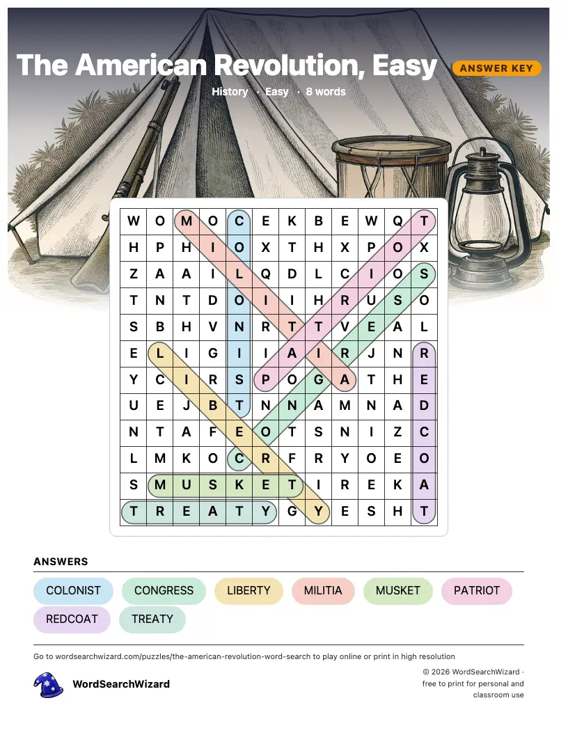 The American Revolution, Easy word search answer key, all 8 words marked