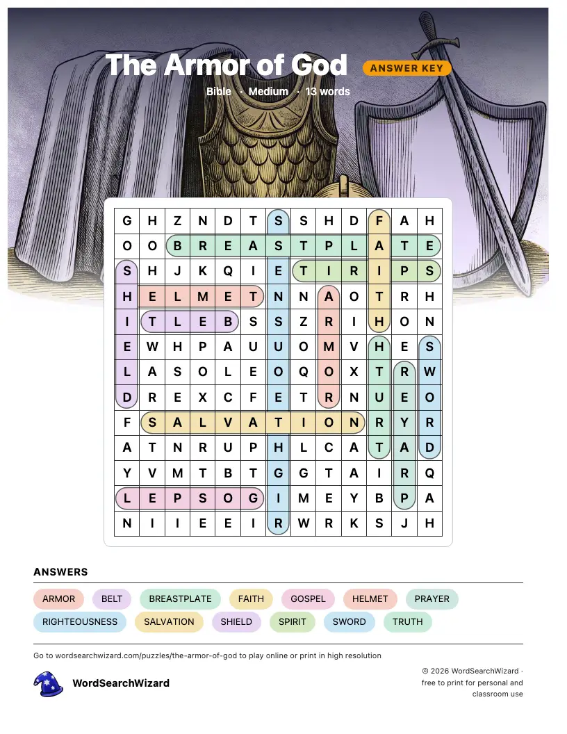The Armor of God word search answer key, all 13 words marked