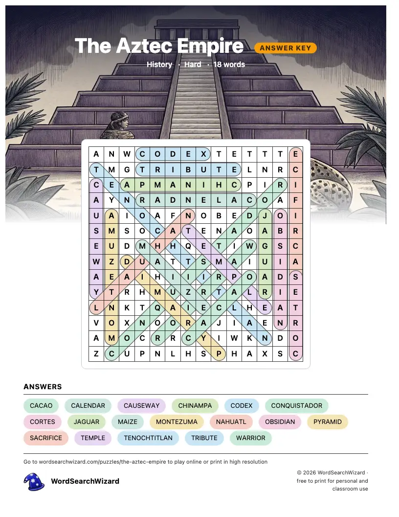 The Aztec Empire word search answer key, all 18 words marked