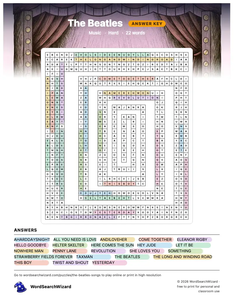 The Beatles word search answer key, all 22 words marked