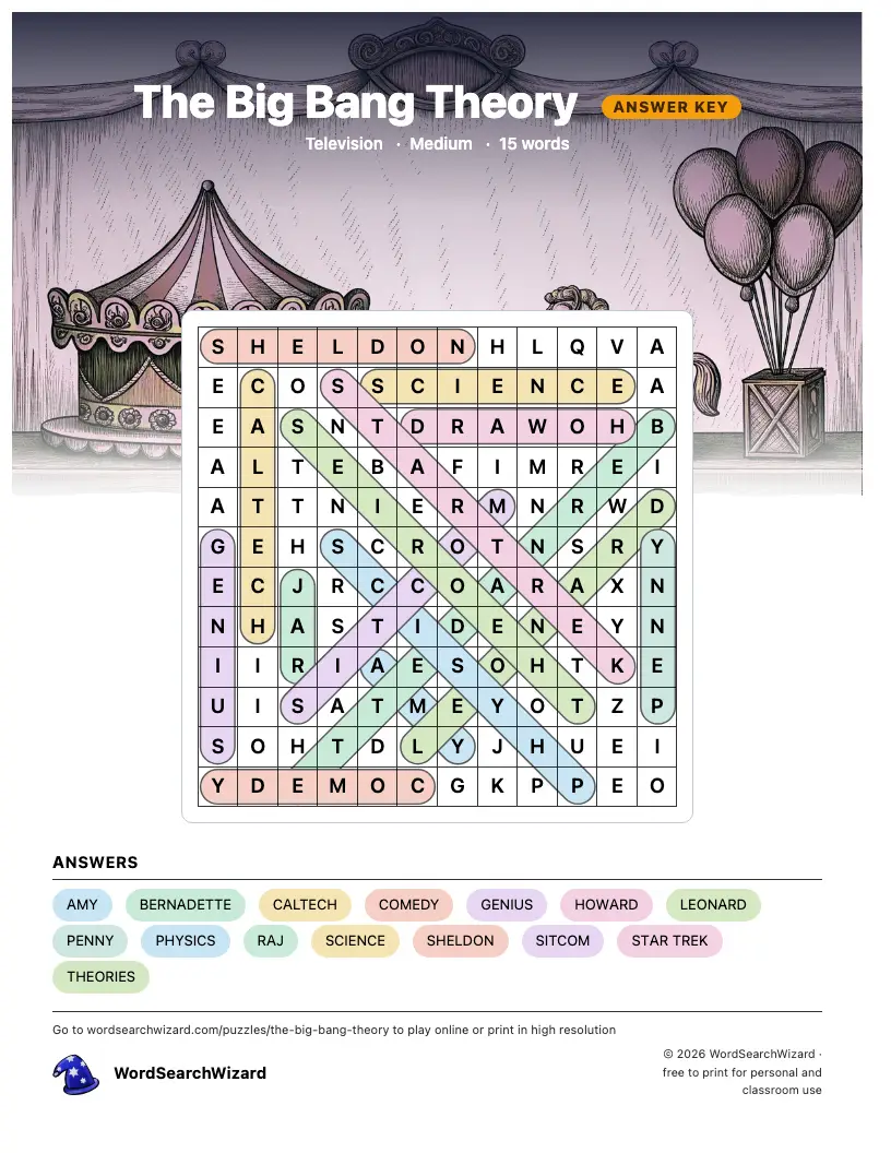 The Big Bang Theory word search answer key, all 15 words marked