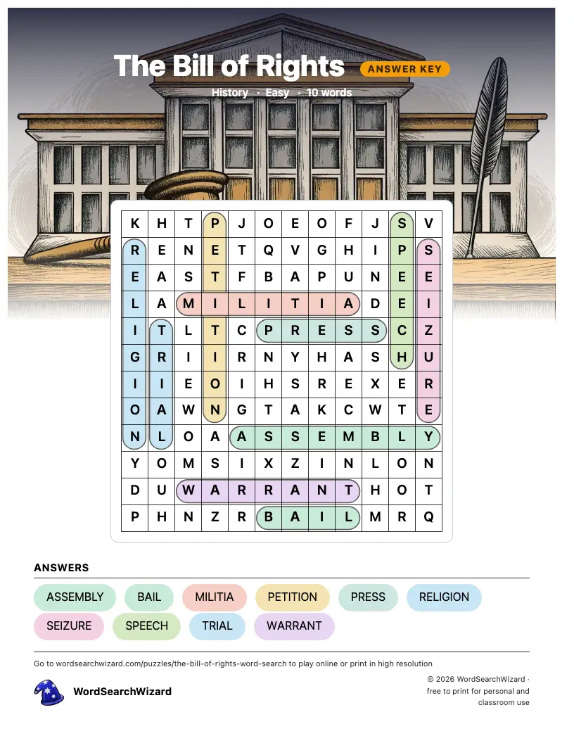 The Bill of Rights word search answer key, all 10 words marked