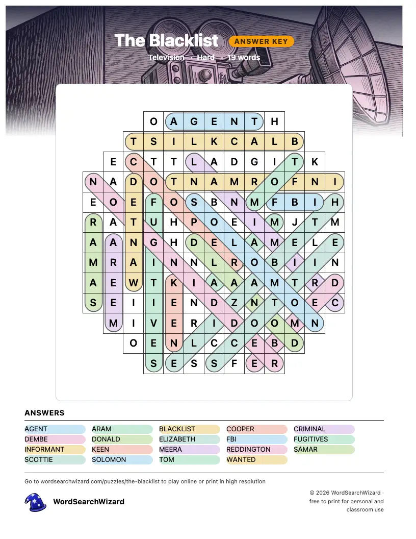 The Blacklist word search answer key, all 19 words marked