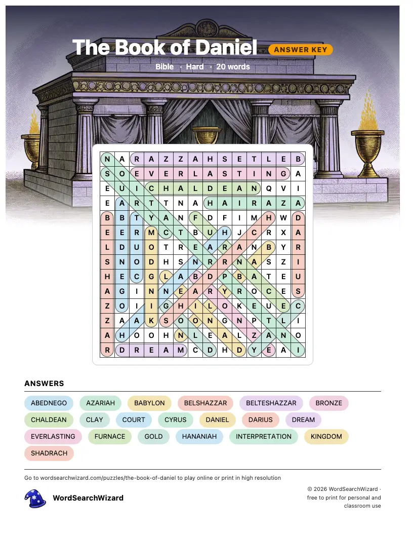 The Book of Daniel word search answer key, all 20 words marked