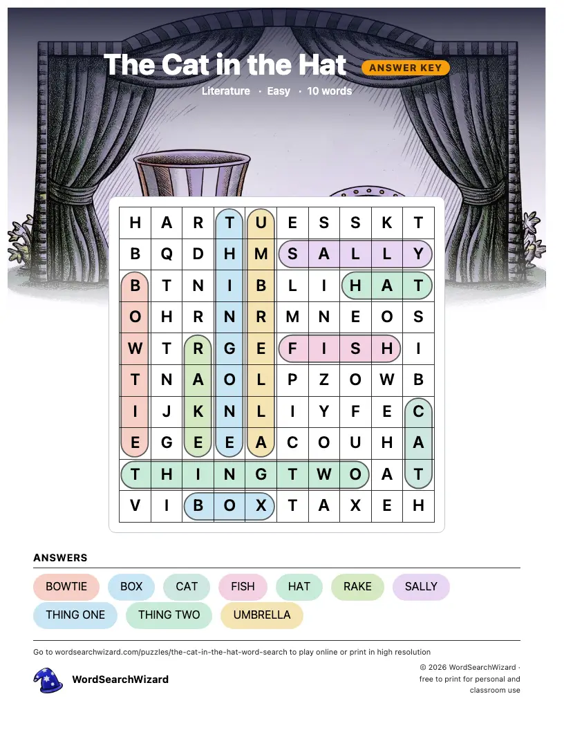 The Cat in the Hat word search answer key, all 10 words marked