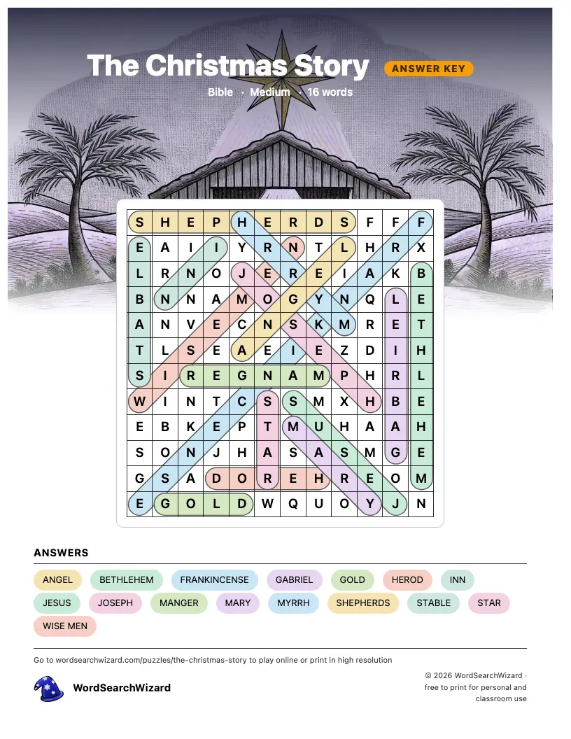 The Christmas Story word search answer key, all 16 words marked