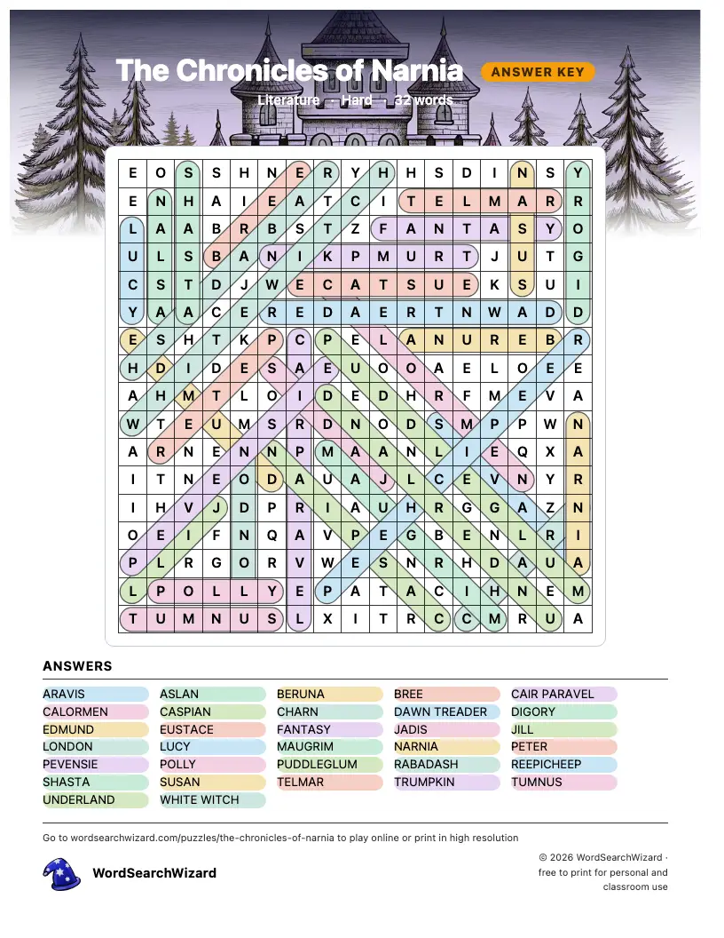 The Chronicles of Narnia word search answer key, all 32 words marked