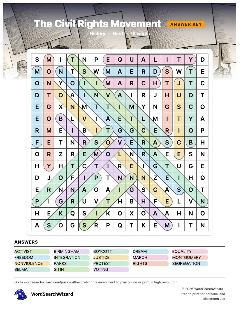 The Civil Rights Movement word search answer key, all 18 words marked