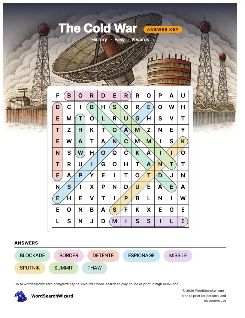 The Cold War word search answer key, all 8 words marked