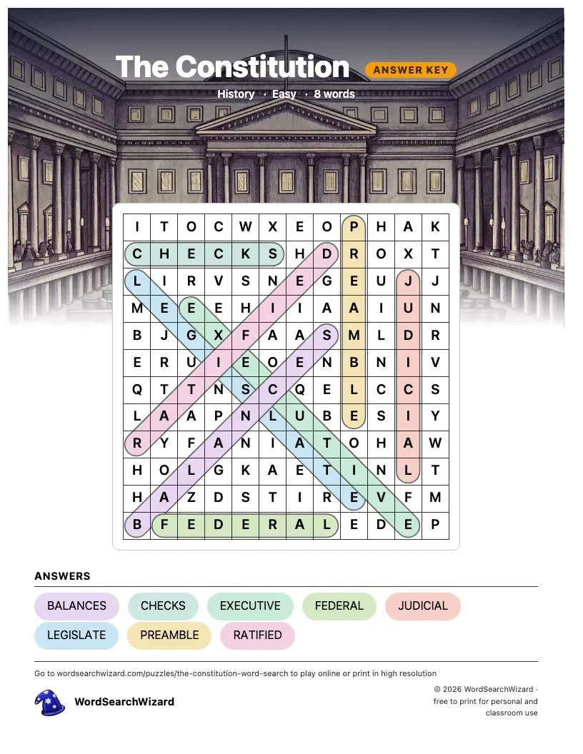 The Constitution word search answer key, all 8 words marked
