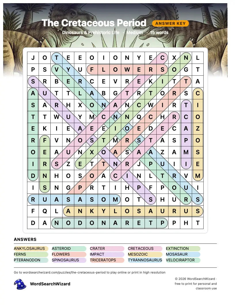 The Cretaceous Period word search answer key, all 15 words marked