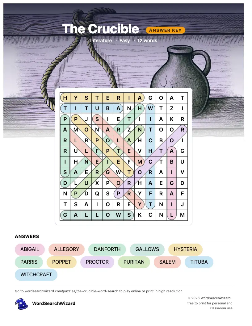 The Crucible word search answer key, all 12 words marked