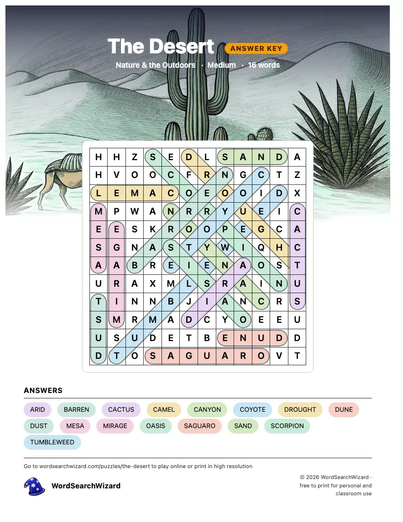The Desert word search answer key, all 16 words marked