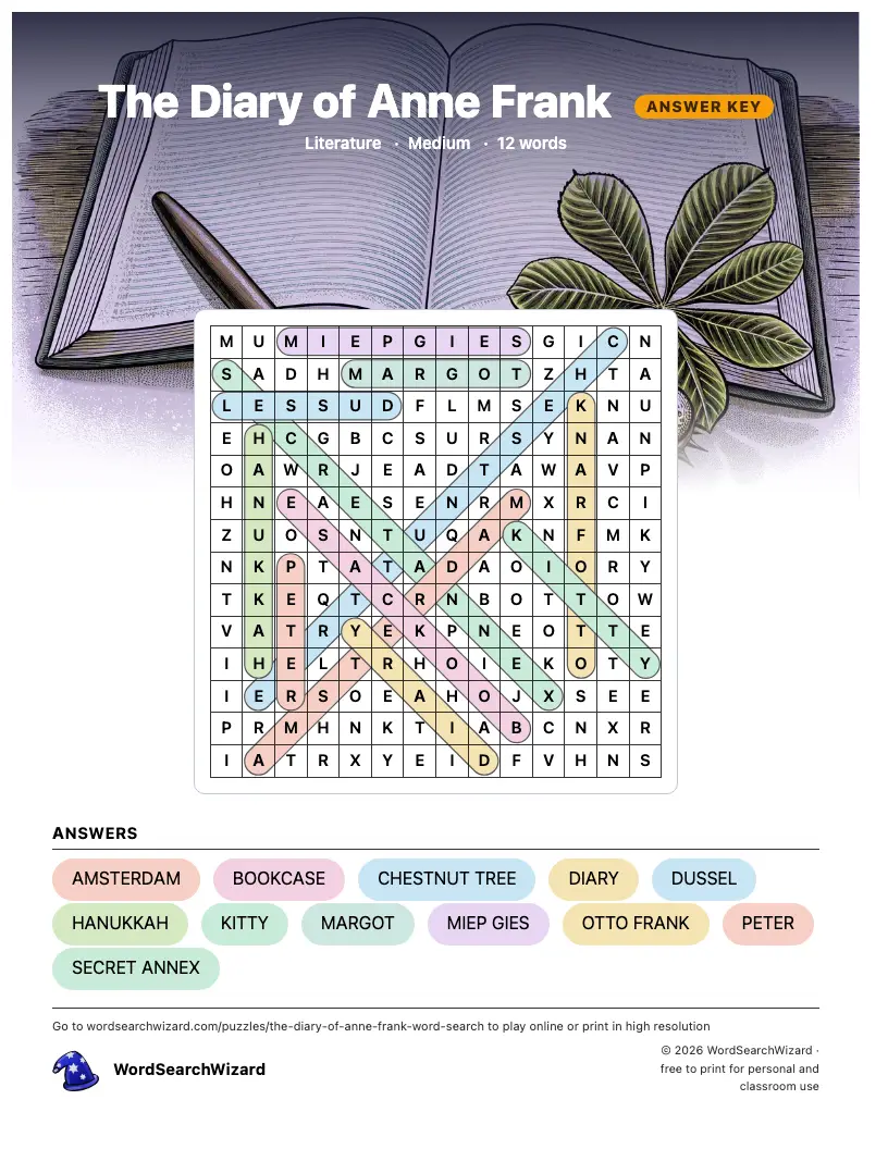 The Diary of Anne Frank word search answer key, all 12 words marked