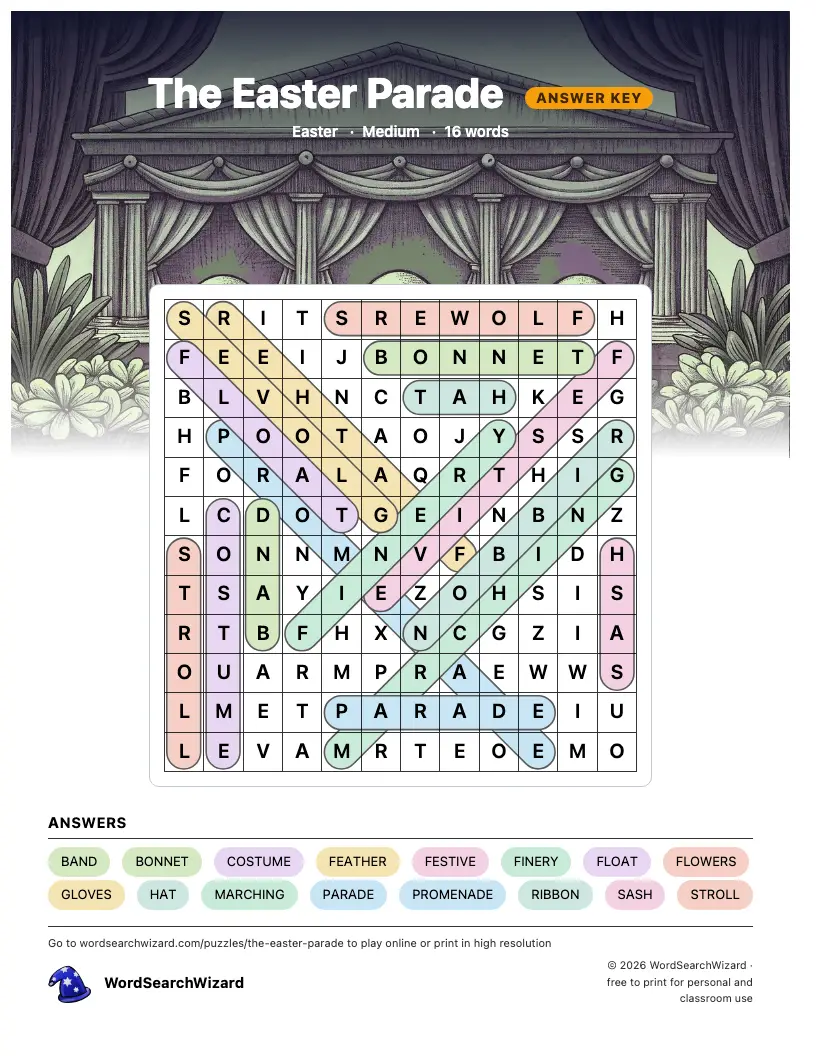The Easter Parade word search answer key, all 16 words marked