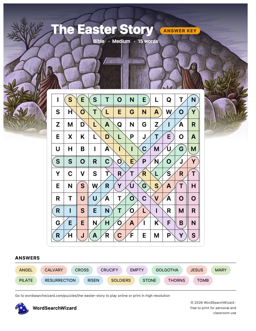 The Easter Story word search answer key, all 15 words marked