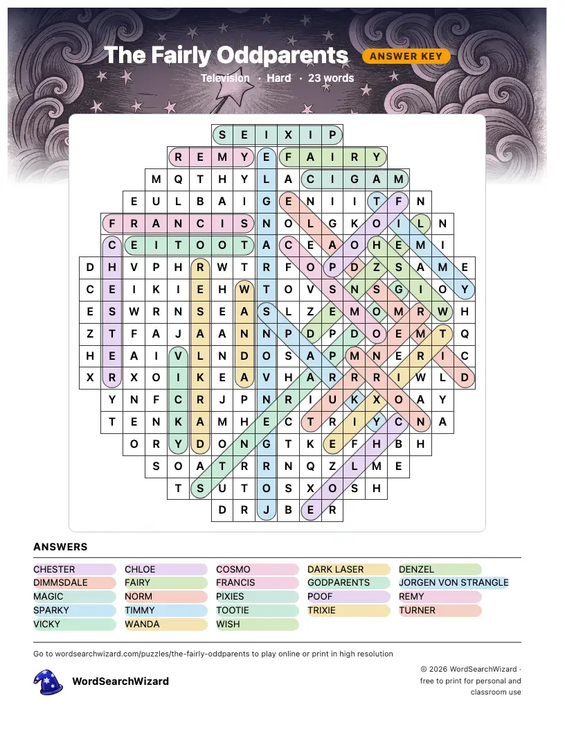 The Fairly Oddparents word search answer key, all 23 words marked