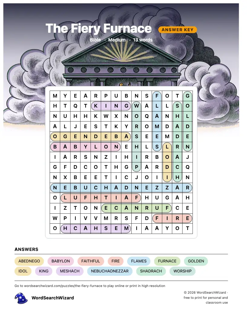 The Fiery Furnace word search answer key, all 13 words marked
